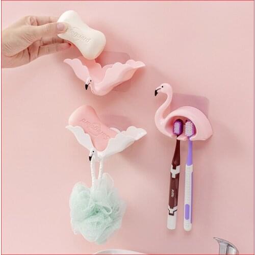 Flamingo Soap Box Wall-mounted Soap Box Toothbrush Rack Free Perforation Multifunctional Bathroom Soap Box Bathroom Accessories