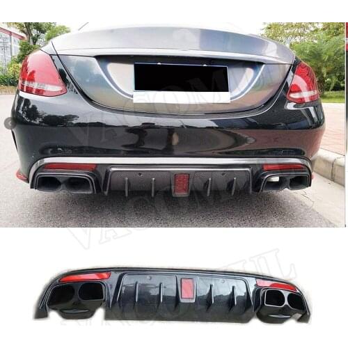 Carbon Fiber Rear Lip Diffuser with Lamp Exhaust Tips For Benz C Class W205 C43 C63 AMG Sport 4 Door 2015-2020 B Style Diffuser