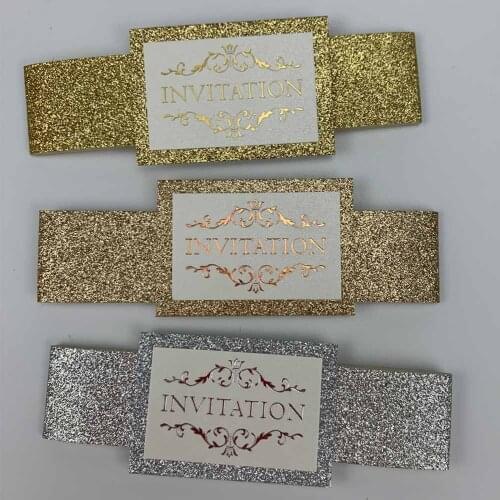 Laser cut pearl paper belly band with customized logo, glitter paper with printing small tag card for wedding invitation cards