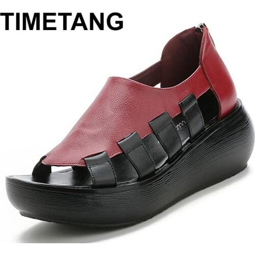 TIMETANG2020 Summer Thick Bottom High Platform Flat Sandals For Women Genuine Cow Leather Fashion Wedges Peep Toe Women Sandals