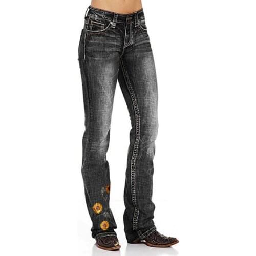 Woman Straight Leg Pants High Quality Vintage Embroidery Print Ladies Jeans Casual Women Denim Trousers Fashion Women Jeans