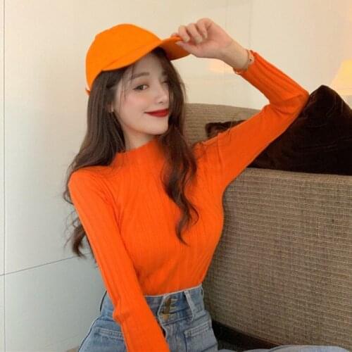 Women Long Sleeve Slim Sweater Autumn Winter Solid Color Half High Collar Pullover Bottom Casual Sweater