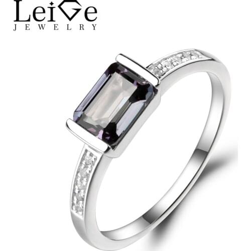 Leige Jewelry Solid 925 Sterling Silver Lab Alexandrite Wedding Rings Emerald Cut Color Changing Gemstone June Birthstone Ring