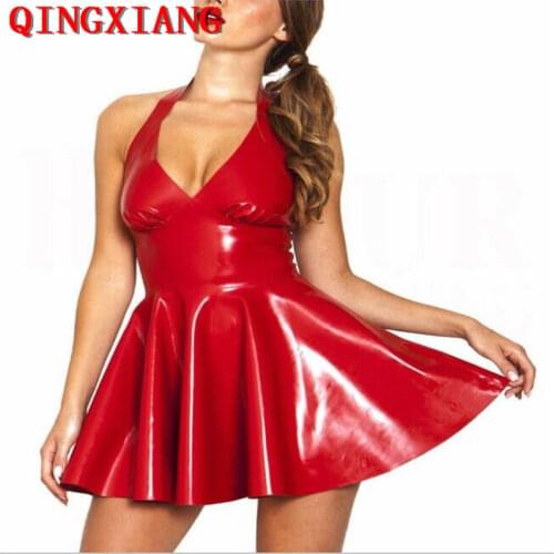 S-XXL Sexy PVC Faux Leather Deep V Dress Red Shiny 2018 Halter Sleeveless Catsuit Erotic Bondage Pleated Dress Clubwear Costume