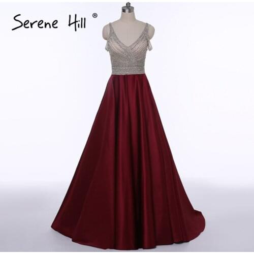 Sexy Open Back Burgundy Long Evening Dresses 2020 V-neck Crystal Beaded Sequins A-line Prom Dress Dubai Robe De Soiree BLA6183