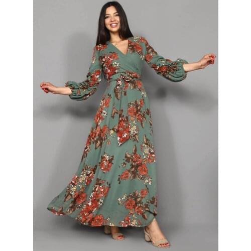 Women Green Floral Long Chiffon Dress