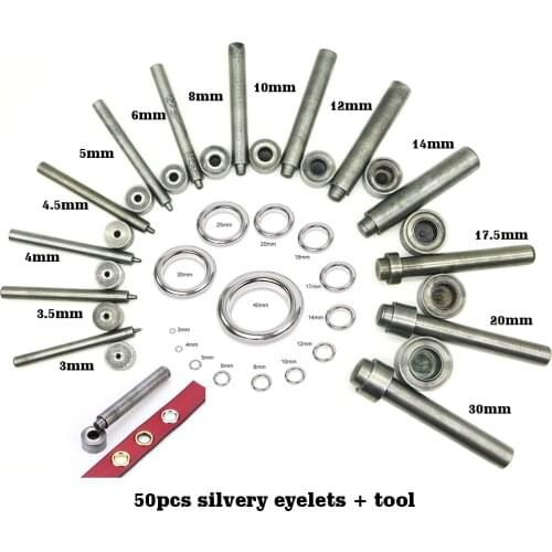 50 set silver eyelet and Brass Eyelet Punch Die Tool Set for Leather Craft Clothing Jeans, Apparel, Bags, 3-20mm