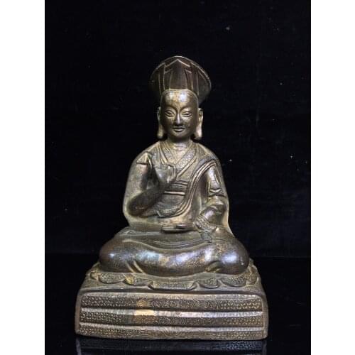 8"Tibet Temple Collection Old Bronze Cinnabar Lacquer His Holiness Guru Buddhist teacher Sitting Buddha Ornaments Town House