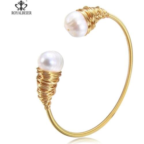 RoyalBeier Hand Wrapped Copper Wire Bracelet Genuine Natural Freshwater Pearl Bracelet Irregular Big Head Pearl Jewelry