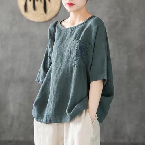 Cotton and Linen 2021 New Flower Embroidery Women T Shirt Female Short Sleeve Loose Summer Casual Y2k Tops