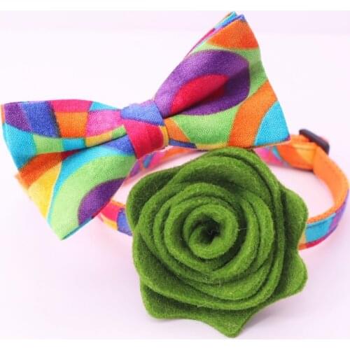 Rainbow Cat Collar Bow Tie with Flower , Plastic Buckle Big and Small Cat Collar Pet Accessories