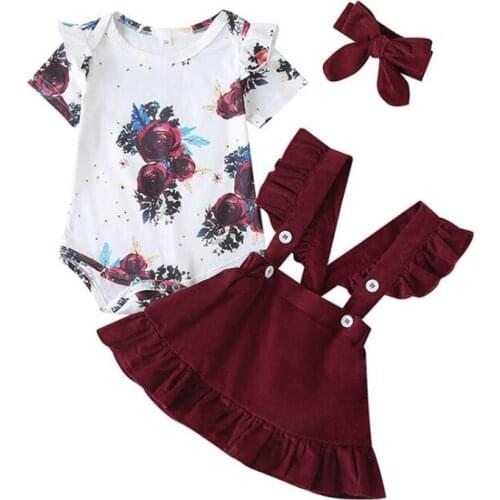 3Pcs Baby Girl Clothes Set Infant Long Sleeve Romper Top+Strap Dress+Headband Toddler Babe Clothing Summer Cute Outfits Suits