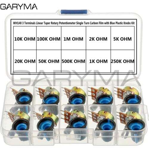 WH148 B1K 2K 5K 10K 20K 50K 100K 500K 1M 15mm Taper Rotary Potentiometer Single Turn Carbon Film with Blue Plastic Knobs Kit