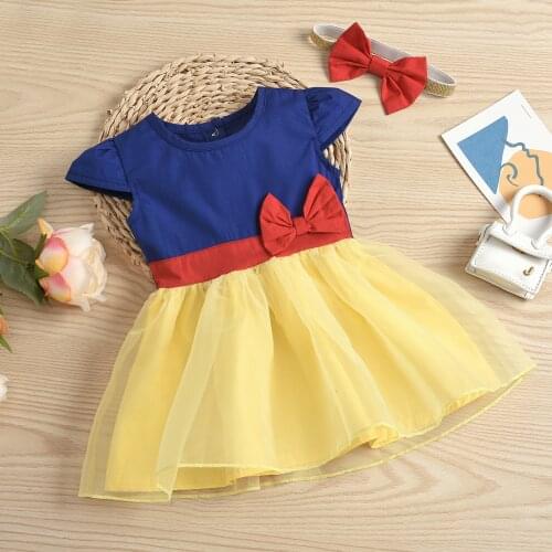 FOCUSNORM Summer Baby Girls Princess Dress Color Patchwork Bowknot Ruffles Sleeve A-Line Mini Dress Headband 0-18M