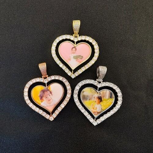Custom Fashion Couple Diy Bling Gift Double Sides Rotating Heart Shaped Bezel Sublimation Photo Locket Blank Necklace Pendant