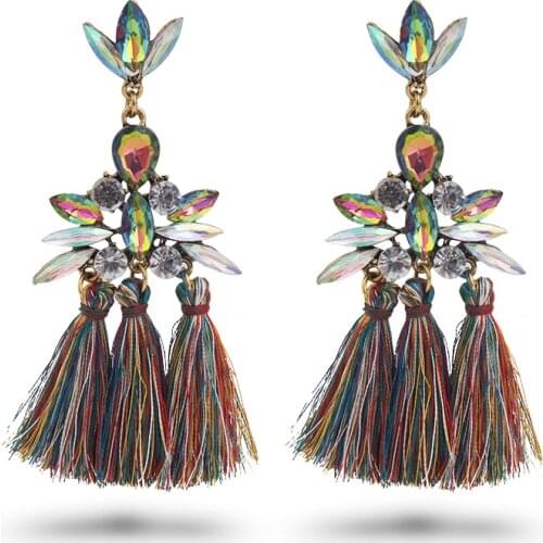 New Bohemian Charm Rhinestone Long Tassel Drop Dangle Earrings for Women Girl Fashion Statement Ear Jewelry Wholesale 5J2034