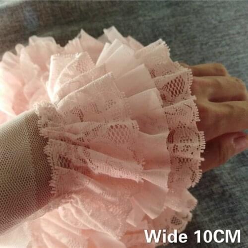 10CM Wide Three Layers Lace Skin Pink 3D Pleated Chiffon Fabric Embroidered Fringe Ruffle Trim Fluffy Dress Sewing DIY Ribbon