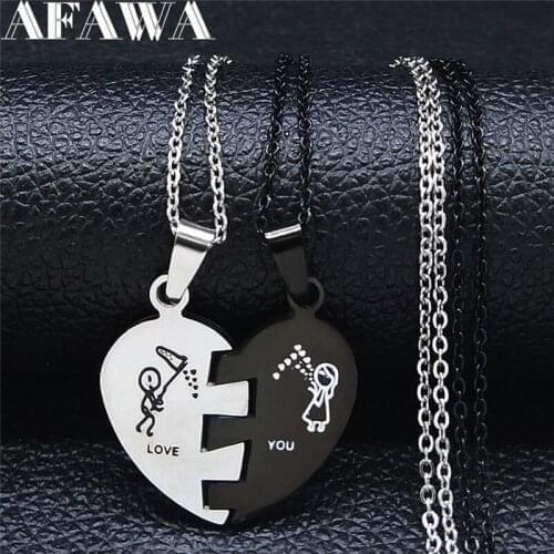 2PCS Love Heart Puzzle Stainless Steel Boy Girl Couples Necklace Silver Color Black Necklace Jewelry collar corazon NXS01