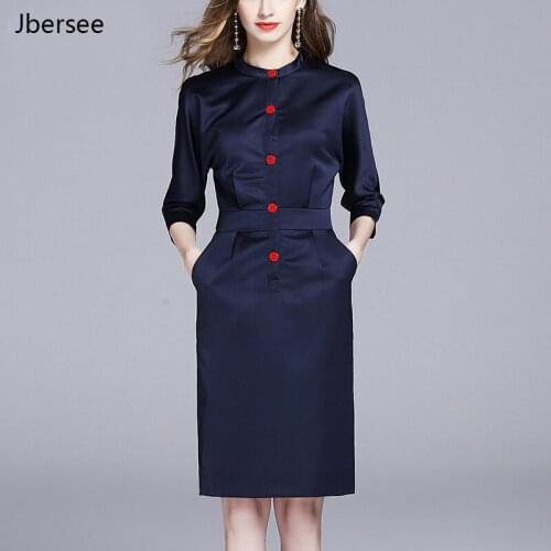 Europe Spring Summer Dress Women Fashion Elegant Dress Stand Collar Shirt Slim Bodycon Dress Autumn Ladies Party Dresses Vestido