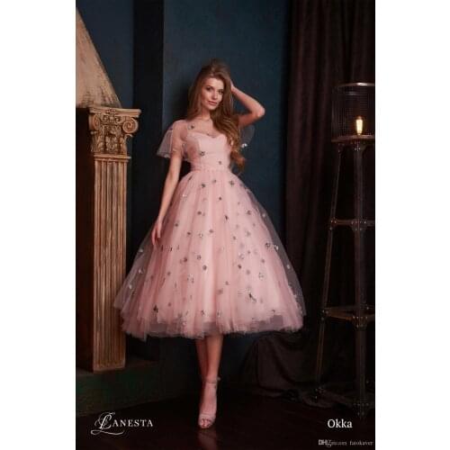 Ball Gown V-Neck Tea-Length Tulle Pink Dubai Evening Dresses With Flowers Jacket