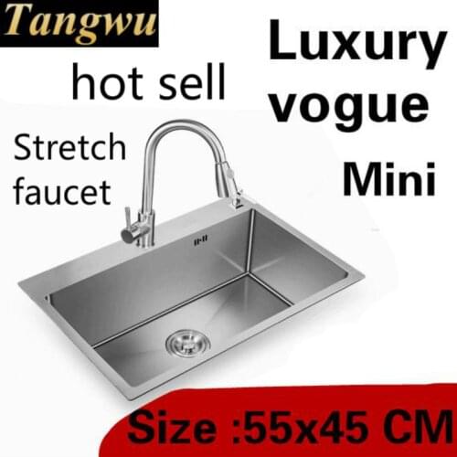 Free shipping Apartment kitchen manual sink single trough stretch faucet multifunction 304 stainless steel hot sell 55x45 CM