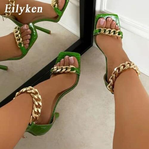 Eilyken High Quality Gladiator Square Toe Metal Decoration Chain Sandals Fashion Zipper Summer Women Wedding High Heels Shoes