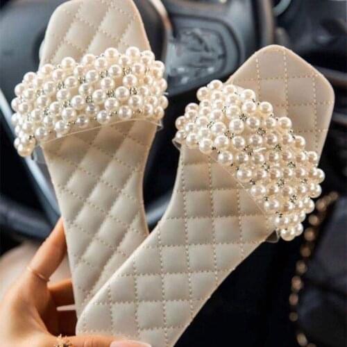 Women Square Open Top Faux Leather Slippers Imitation Pearls Beading Strap Flat Slide Shoes Casual Beach Slip-On Sandals