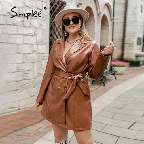 Simplee Elegant lace up lapel women plus size jacket brown Casual long blazer jacket autumn winter Office lady fashion top coats