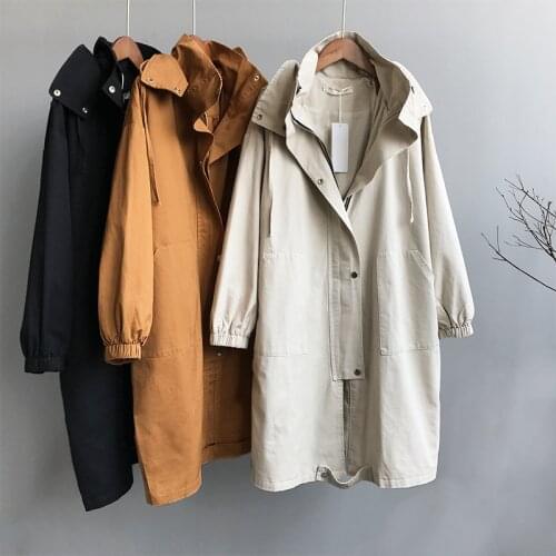 Women Tooling Hooded Trench Coat New Spring Autumn Korean Loose Mid-long Outerwear Oversize Cotton Windbreaker Female Tops J420