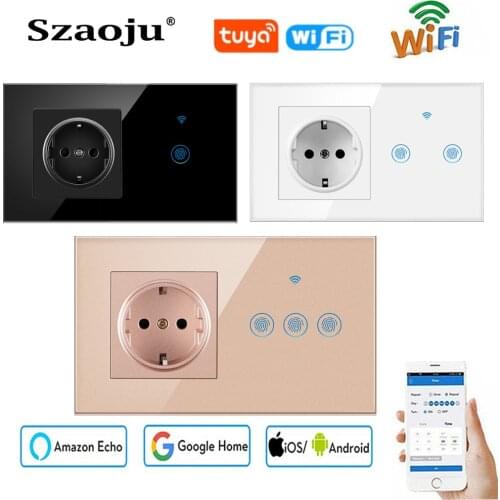 Szaoju TUYA Smart Touch Switch Wall Socket 146*86mm German Crystal Tempered Glass Panel Power Socket With WIFI Switch AC110-250V