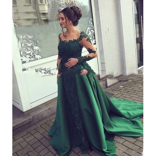 Detachable Train Evening Dress Illusion Long Sleeves Lace Satin Arabic Dubai Prom Dresses Formal Gown Custom