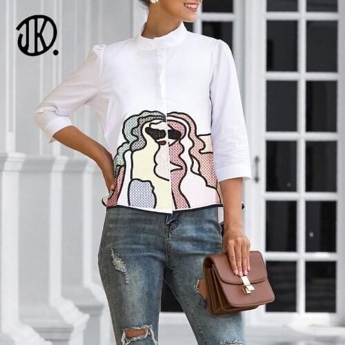 Abstract Face Print Vintage Shirt Stand Collar Casual Shirt Plus Size Half Sleeve Spring Autumn Blouse For Ladies Casual Clothes