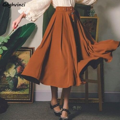 Skirts Women Button Design Solid Folds Elegant Aesthetic Vintage Streetwear Leisure Sashes Korean Style Baggy Lovely Sweet Chic