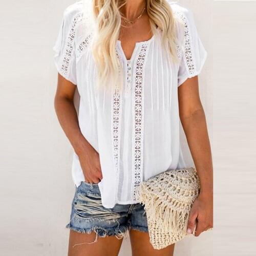 Summer Short Sleeve T-Shirt Women Office Pullover Tops Casual T-Shirt Hollow Button Ladies Solid Color V-Neck Tops