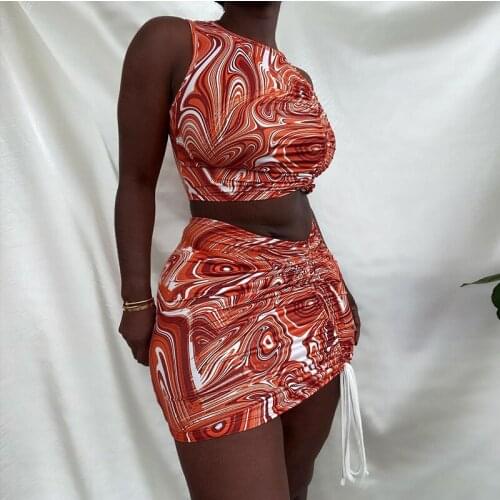 2021Clothing Female Drawstring Womens Skirts 2 Piece Set Club Wear Party Dresses Crop Top Women Skirt Sets Womens Summer Suit