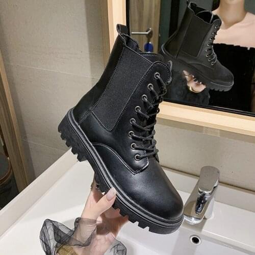 2021 New INS Woman Leather Ankle Boots Lace Up Shoes Woman Short Winter Warm Boots Platform Heels Footwear ladies shoes women