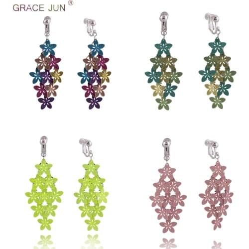 GRACE JUN Hot Sale Clip on Earrings No Pierced for Women Flower Shape Statement Without Pierced Earrings Factory Wholesale New