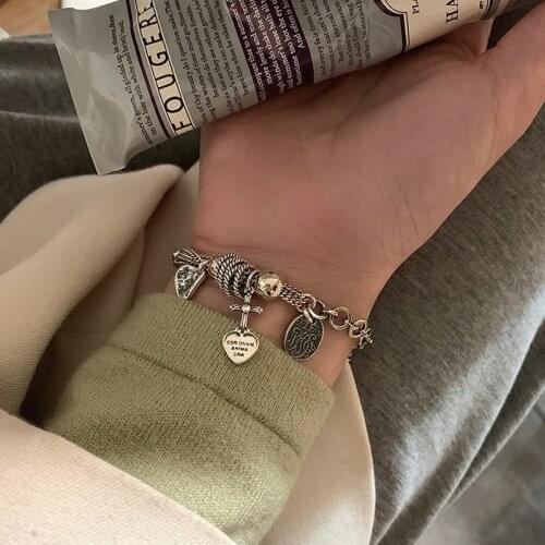 Vintage Punk 925 Sterling Silver Cross Heart Charm Bracelet &Bangle For Women Girls Jewelry SL018