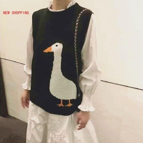 Women Knitted Sweater Vest 2021 Spring Fall Korean Style Vintage Kawaii Cute Goose Pattern Sleeveless Pullover Jumper Waistcoat