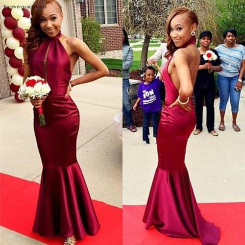 Halter Bridesmaid Dress Burgundy Backless Mermaid Long Wedding Party Gown Custom Made Plus Size