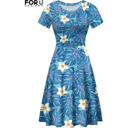 FORUSEDIGNS Polynesian Plumeria Stripes Womens Summer Short Sleeves Dress Breathable O-Neck Dating Female Clothes Femenina