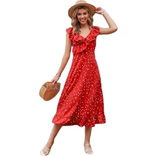 New Design Good Quality Fashion Hot Selling Womens High-Waist Printed Red Ruffled Slim-Fit Polka-Dot V-Neck Sleeveless Dress