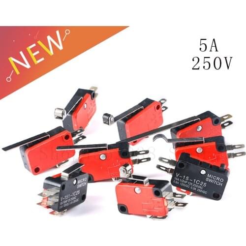 10Pcs/lot 5A 250V Momentary Micro Limit Switch V-15-3C25 V-15-2C25 Push Button Long Hinge Roller Lever Arm Snap Action LOT