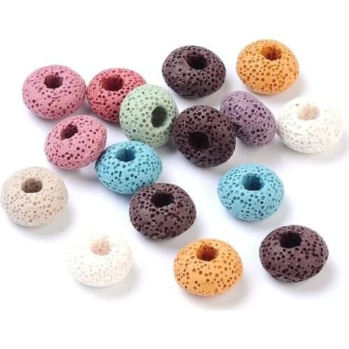 200pcs Rondelle Lava Stone European Beads No Metal Core Spacer Large Hole Beads about 15mm in diameter, 9mm thick, hole: 5mm