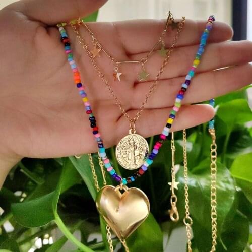 3 Pcs/Set New Boho Multicolor Beaded Necklaces For Women Gold Color Metal Pendant Love Heart Coin Necklaces Handmade Jewelry