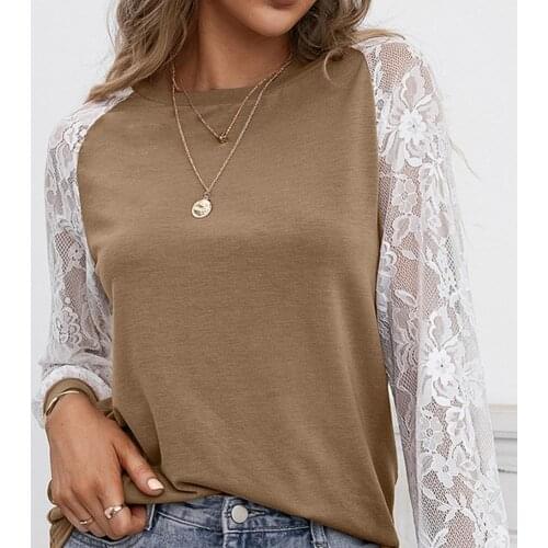 Autumn Hollow Out Patchwork Long Sleeve Blouse Womens Casual Loose O Neck Fashion Shirts Tops Vintage Oversize Pullover Mujer