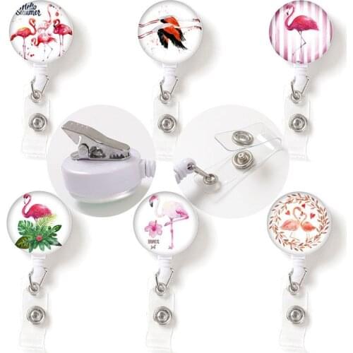 Newest Cute Flamingos Nurse/Doctor Badge Reel Badge Holder Clip Retractable ID Badge Holder With 360 Rotating Alligator Clip