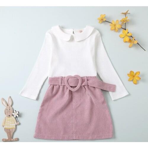 Kids Baby Girl Summer Clothing 2Pcs Outfits Clothes Long Sleeve Lapel Ribbed Top Waistband Belt Corduroy Skirt for 1-6Y Girls