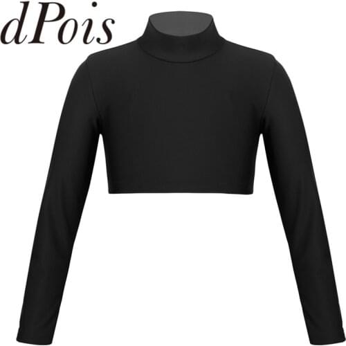 Kids Girls Solid Color Long Sleeves Dance Crop Top For Ballet Gymnastics Sports Dancing Gym Stage Performance Workout Crop Tops