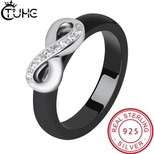 925 Elegant Rings Women 4mm Black White Ceramic Ring India Stone Crystal Infinity Comfort Wedding Rings Engagement Brand Jewelry